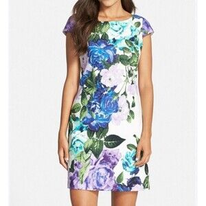 𝅺ELIZA J Floral Cap Sleeve Jaquard Cotton Shift DRESS SIZE 22W Party Easter